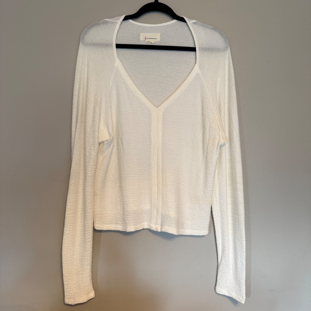 Anthropologie White‎ Textured V Neck Long Sleeve Top Blouse Shirt Women's Size S